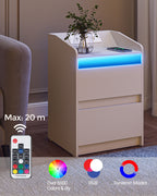 Hzuaneri Nightstand Set of 2 with LED Lights & Charging Station, 2 Drawers, USB Ports & Outlets, White