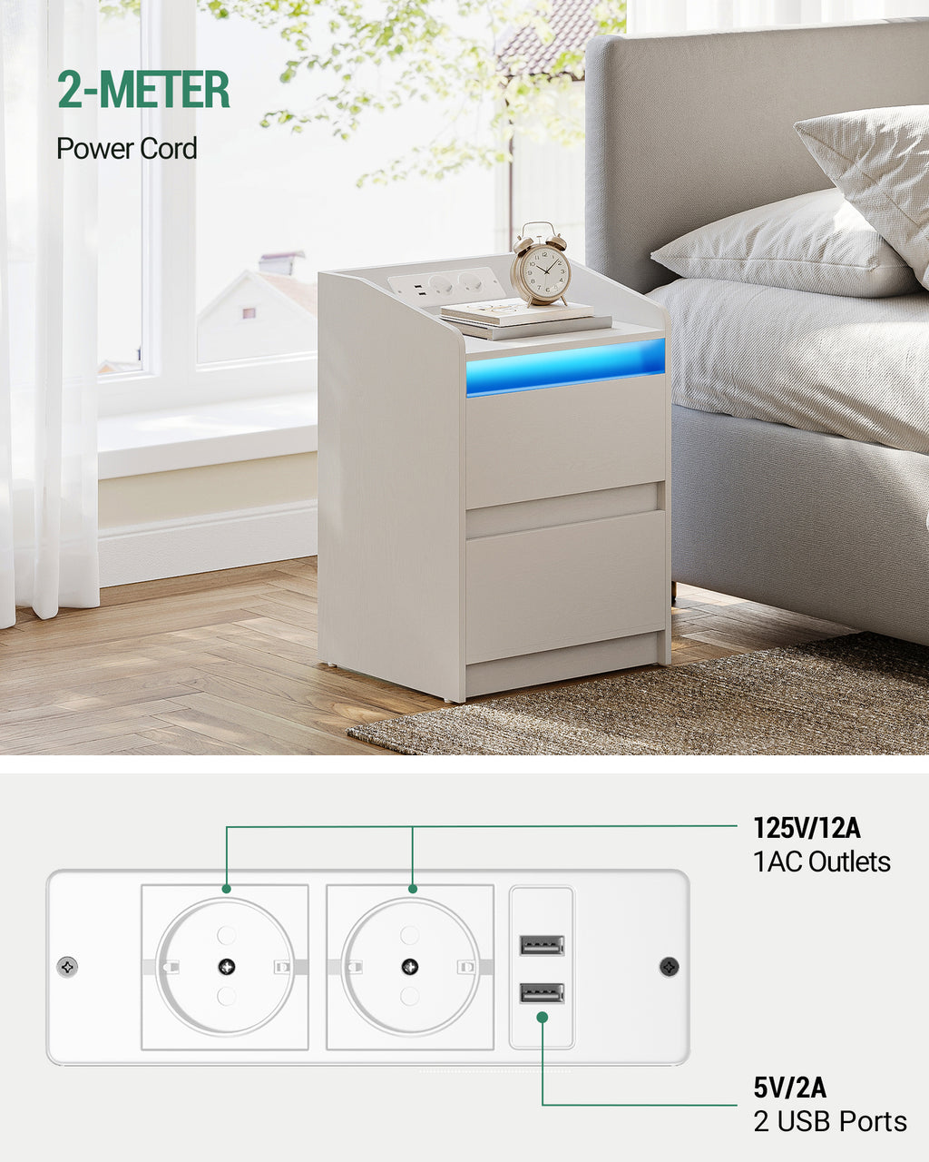 Hzuaneri Nightstand Set of 2 with LED Lights & Charging Station, 2 Drawers, USB Ports & Outlets, White