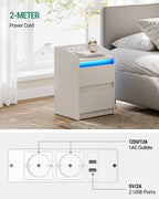 Hzuaneri Nightstand Set of 2 with LED Lights & Charging Station, 2 Drawers, USB Ports & Outlets, White