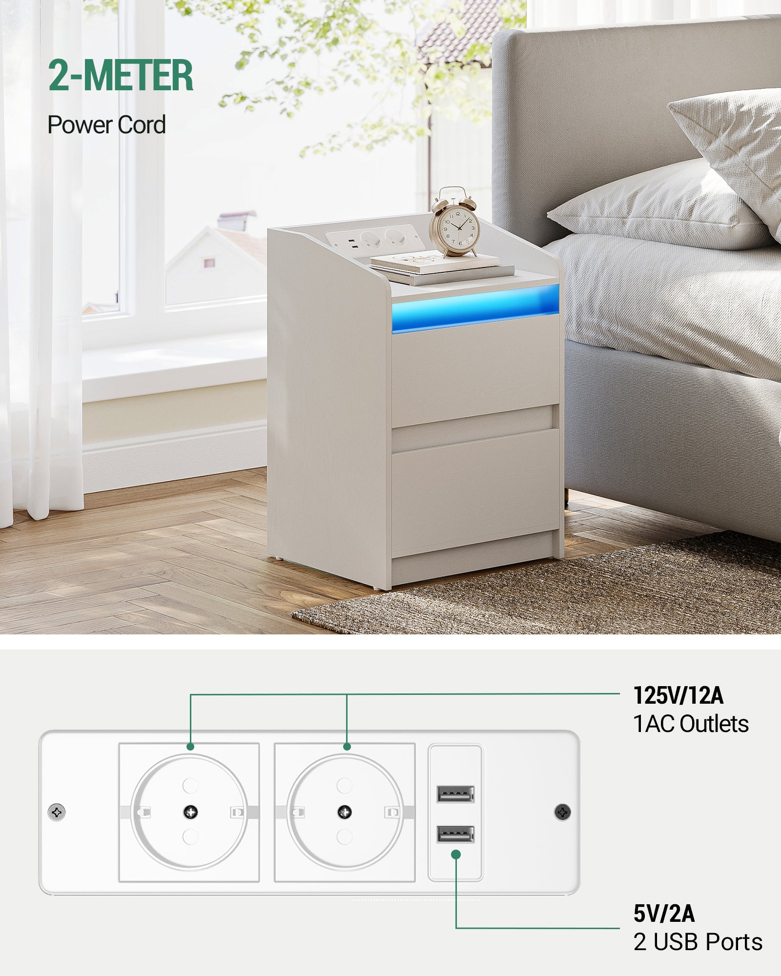 Hzuaneri Nightstand Set of 2 with LED Lights & Charging Station, 2 Drawers, USB Ports & Outlets, White