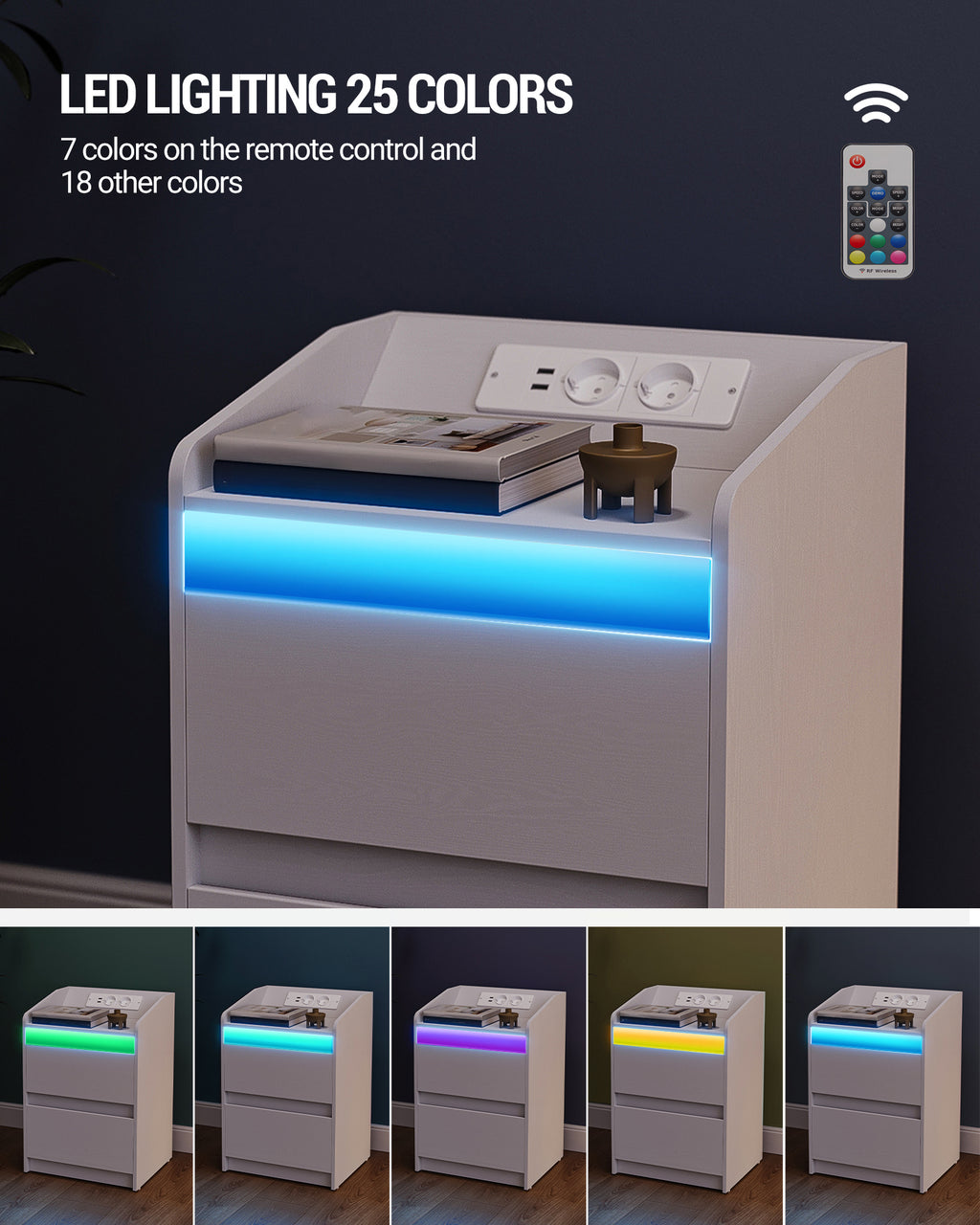 Hzuaneri Nightstand Set of 2 with LED Lights & Charging Station, 2 Drawers, USB Ports & Outlets, White