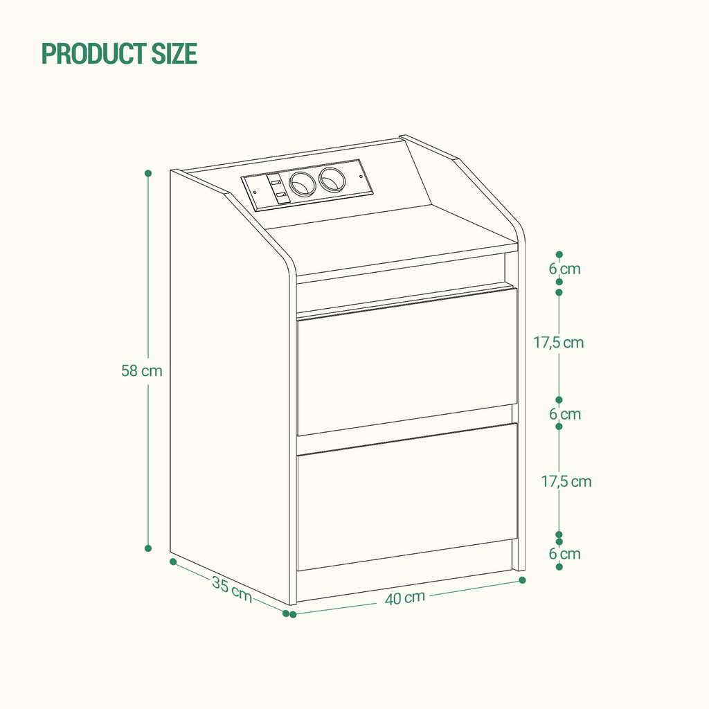 Hzuaneri Nightstand Set of 2 with LED Lights & Charging Station, 2 Drawers, USB Ports & Outlets, White
