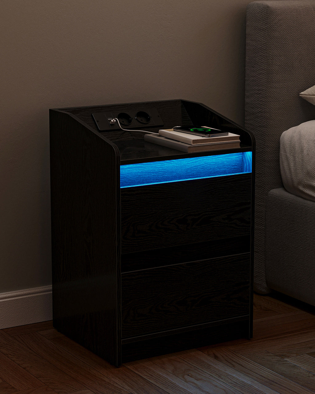 Hzuaneri Nightstand Set of 2 with LED Lights & Charging Station, 2 Drawers, USB Ports & Outlets, Black