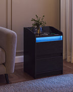 Hzuaneri Nightstand Set of 2 with LED Lights & Charging Station, 2 Drawers, USB Ports & Outlets, Black
