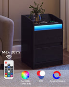 Hzuaneri Nightstand Set of 2 with LED Lights & Charging Station, 2 Drawers, USB Ports & Outlets, Black