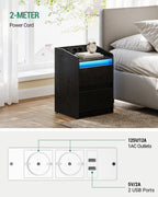 Hzuaneri Nightstand Set of 2 with LED Lights & Charging Station, 2 Drawers, USB Ports & Outlets, Black