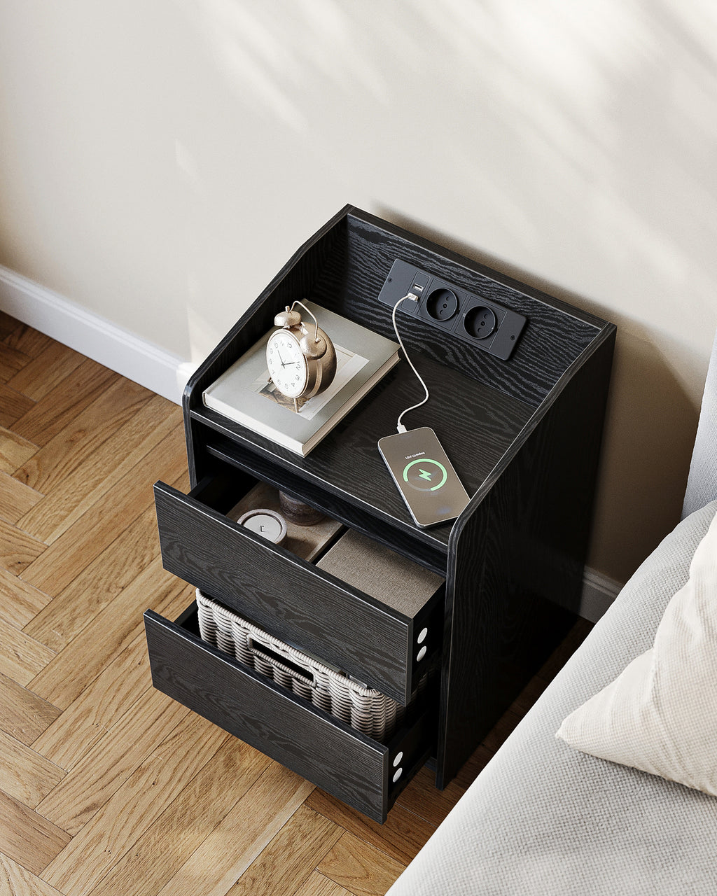 Hzuaneri Nightstand Set of 2 with LED Lights & Charging Station, 2 Drawers, USB Ports & Outlets, Black