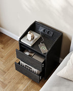 Hzuaneri Nightstand Set of 2 with LED Lights & Charging Station, 2 Drawers, USB Ports & Outlets, Black