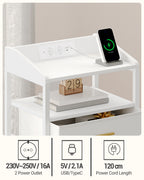 Hzuaneri Bedside Table with LED Lights & Charging Station, 3 Fabric Drawers, USB Ports & Power Outlets, White
