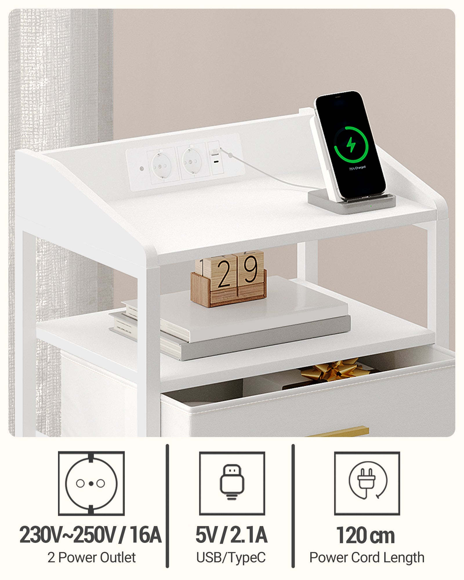 Hzuaneri Bedside Table with LED Lights & Charging Station, 3 Fabric Drawers, USB Ports & Power Outlets, White