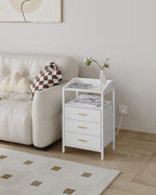 Hzuaneri Bedside Table Set of 2 with LED Lights & Charging Station, 3 Fabric Drawers, USB Ports & Sockets, White