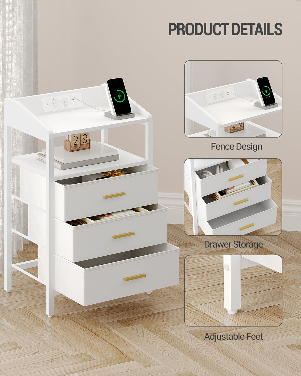 Hzuaneri Bedside Table Set of 2 with LED Lights & Charging Station, 3 Fabric Drawers, USB Ports & Sockets, White