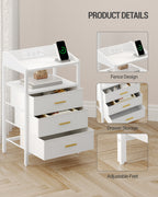 Hzuaneri Bedside Table Set of 2 with LED Lights & Charging Station, 3 Fabric Drawers, USB Ports & Sockets, White