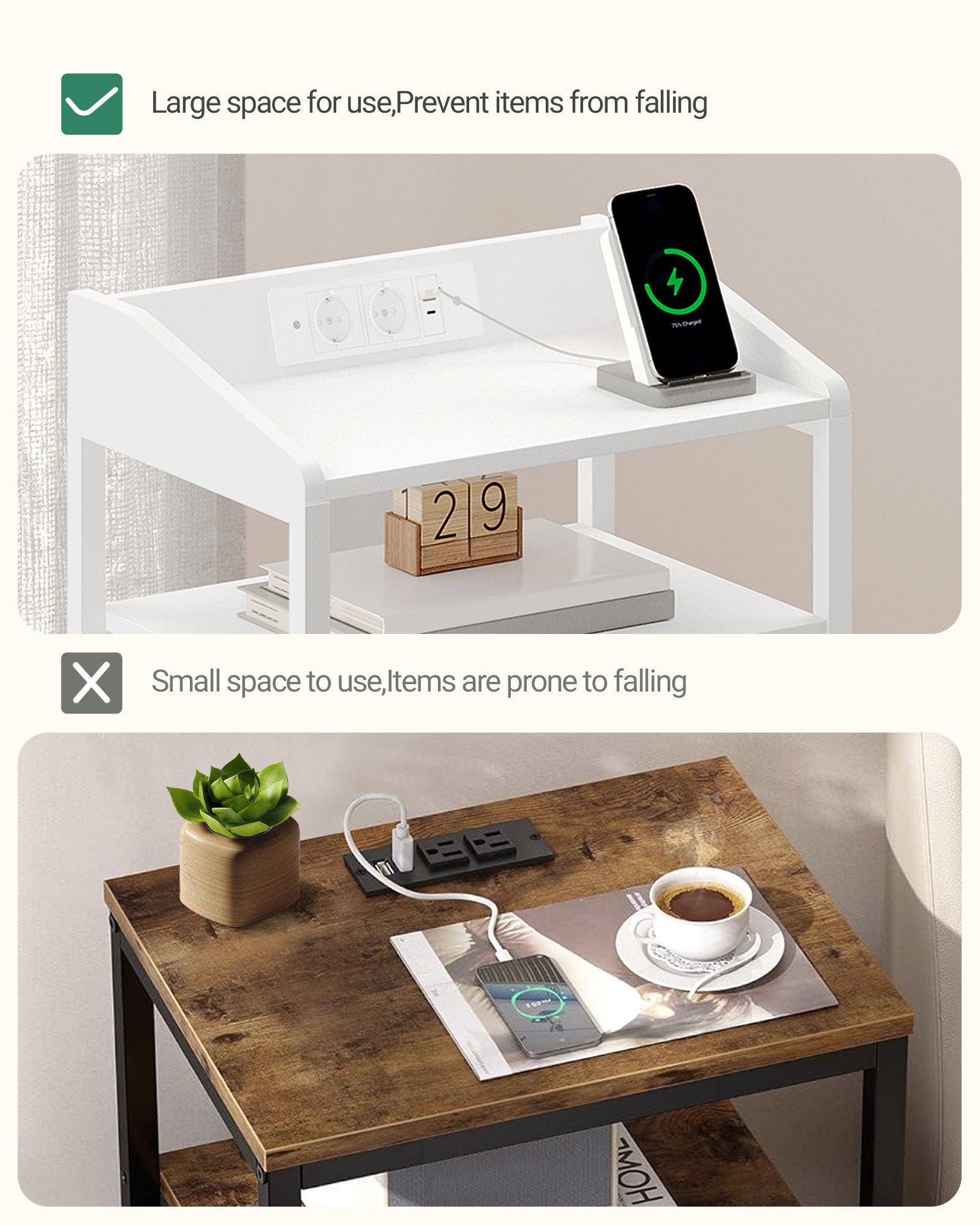 Hzuaneri Bedside Table Set of 2 with LED Lights & Charging Station, 3 Fabric Drawers, USB Ports & Sockets, White