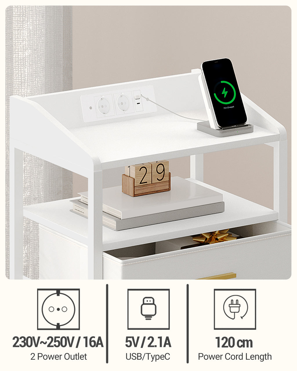 Hzuaneri Bedside Table Set of 2 with LED Lights & Charging Station, 3 Fabric Drawers, USB Ports & Sockets, White