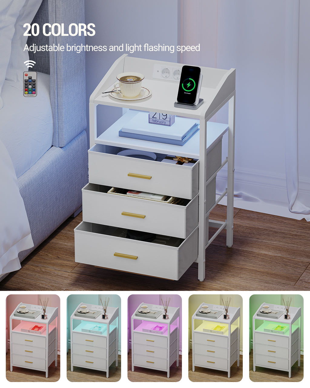 Hzuaneri Bedside Table Set of 2 with LED Lights & Charging Station, 3 Fabric Drawers, USB Ports & Sockets, White