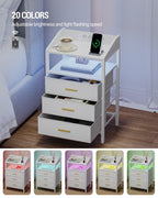 Hzuaneri Bedside Table Set of 2 with LED Lights & Charging Station, 3 Fabric Drawers, USB Ports & Sockets, White