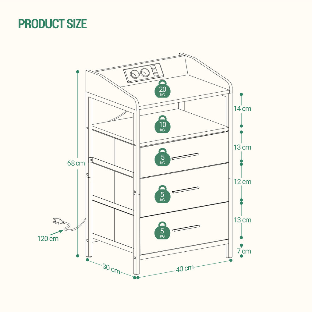 Hzuaneri Bedside Table Set of 2 with LED Lights & Charging Station, 3 Fabric Drawers, USB Ports & Sockets, White