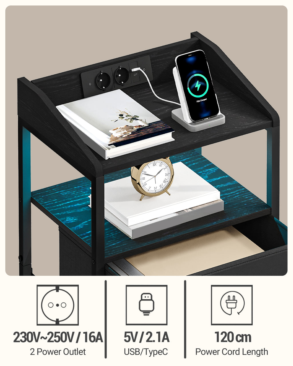 Hzuaneri Bedside Table Set of 2 with LED Lights & Charging Station, USB Ports & Outlets, Black
