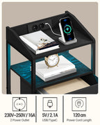 Hzuaneri Bedside Table Set of 2 with LED Lights & Charging Station, USB Ports & Outlets, Black