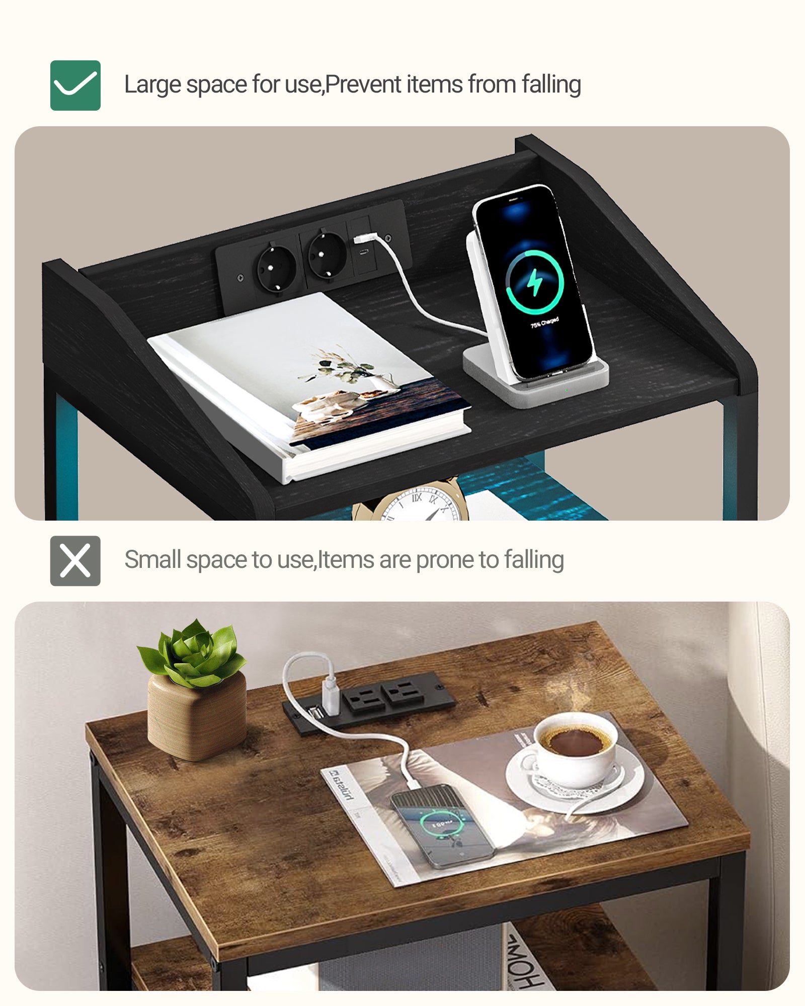 Hzuaneri Bedside Table Set of 2 with LED Lights & Charging Station, USB Ports & Outlets, Black