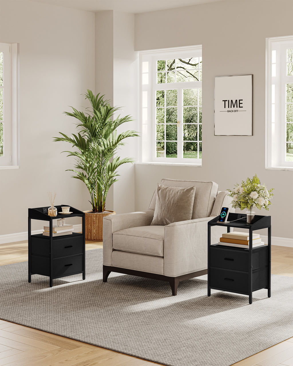 Hzuaneri Bedside Table Set of 2 with LED Lights & Charging Station, USB Ports & Outlets, Black