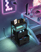 Hzuaneri Bedside Table Set of 2 with LED Lights & Charging Station, USB Ports & Outlets, Black