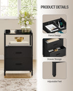 Hzuaneri Bedside Table Set of 2 with LED Lights & Charging Station, USB Ports & Outlets, Black