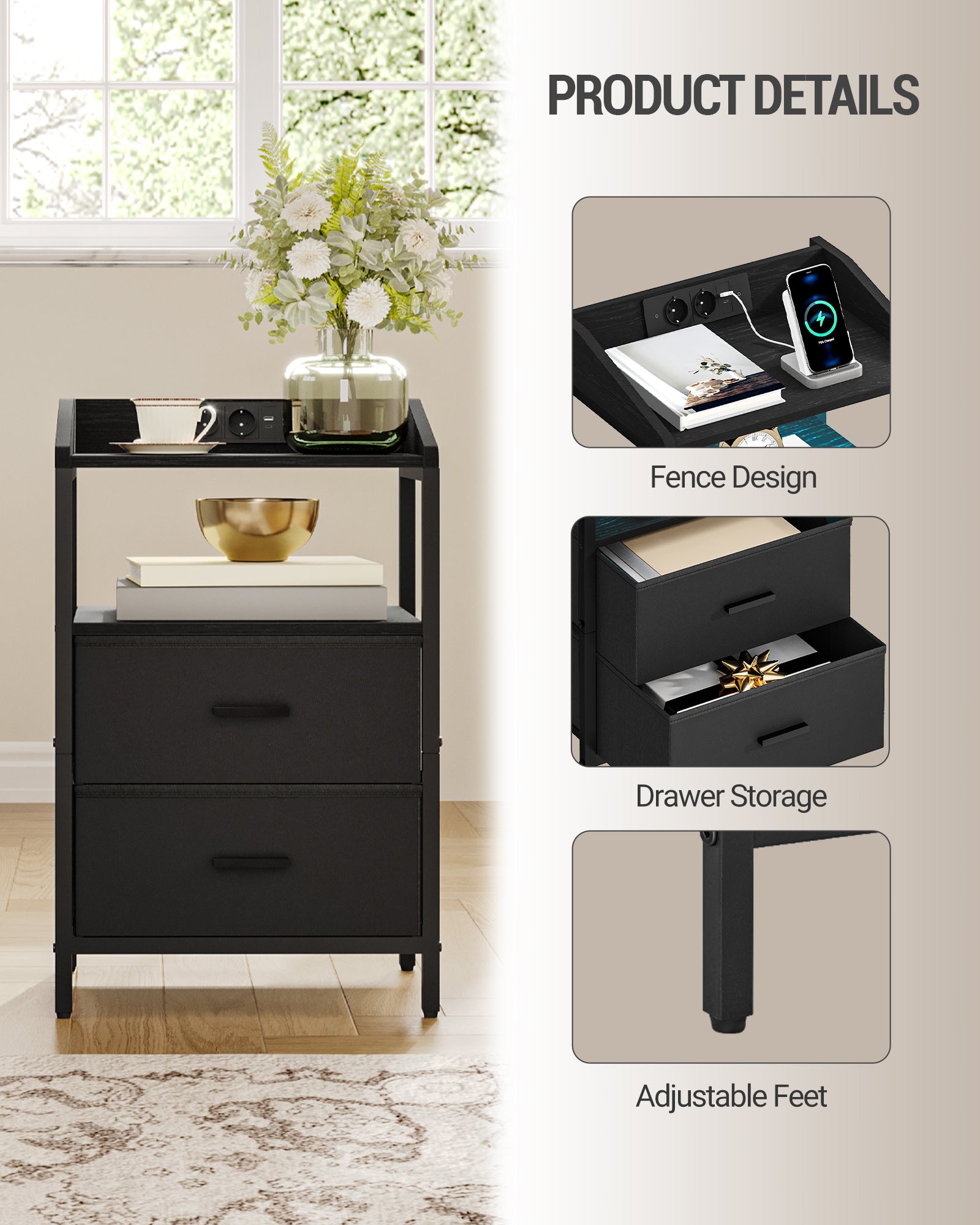 Hzuaneri Bedside Table Set of 2 with LED Lights & Charging Station, USB Ports & Outlets, Black