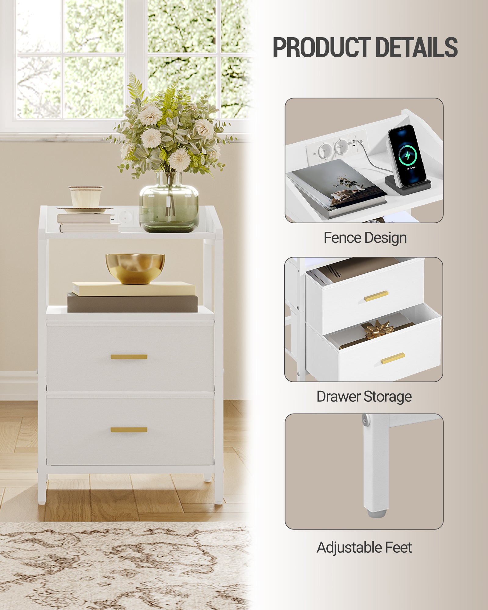 Hzuaneri Bedside Table Set of 2 with LED Lights & Charging Station, USB Ports & Outlets, White