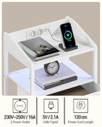Hzuaneri Bedside Table Set of 2 with LED Lights & Charging Station, USB Ports & Outlets, White