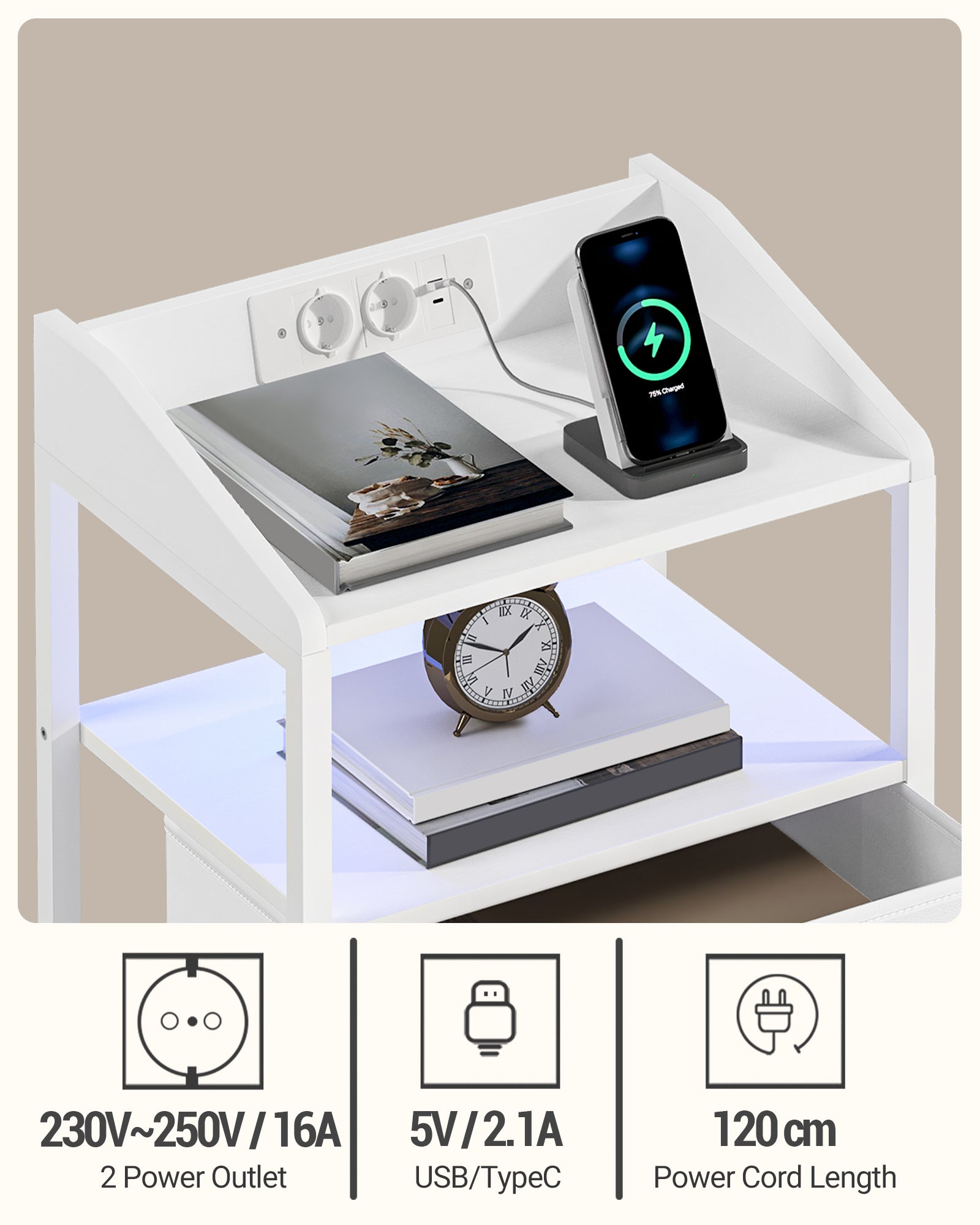 Hzuaneri Bedside Table Set of 2 with LED Lights & Charging Station, USB Ports & Outlets, White