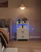 Hzuaneri Bedside Table Set of 2 with LED Lights & Charging Station, USB Ports & Outlets, White