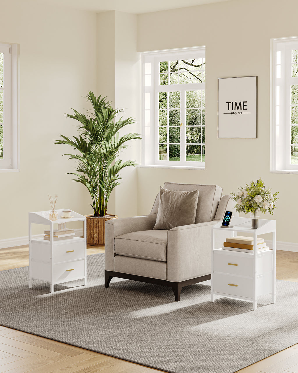 Hzuaneri Bedside Table Set of 2 with LED Lights & Charging Station, USB Ports & Outlets, White