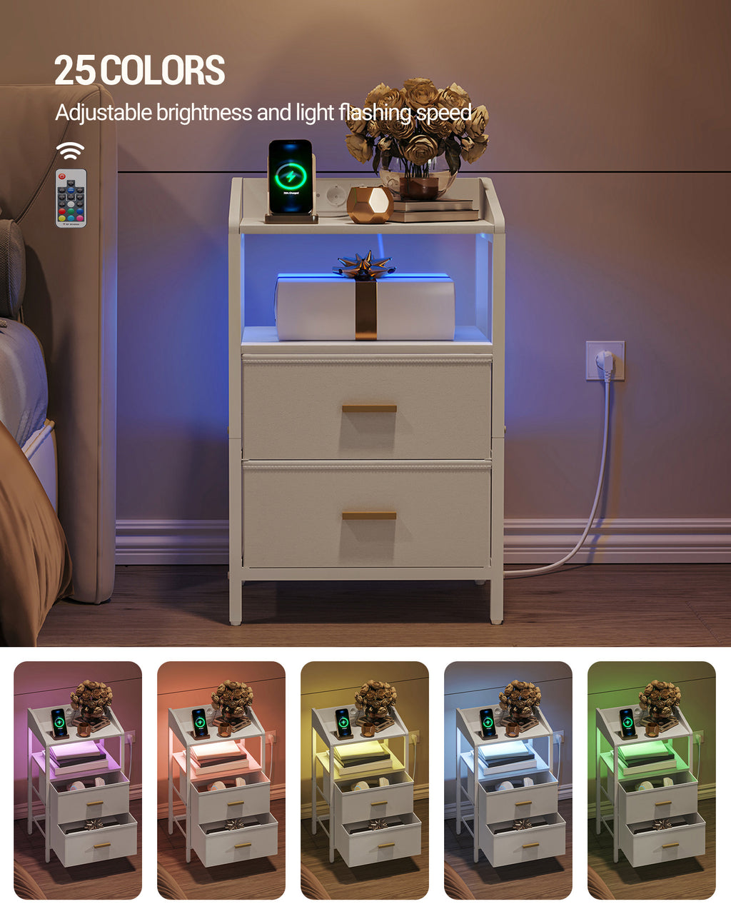 Hzuaneri Bedside Table Set of 2 with LED Lights & Charging Station, USB Ports & Outlets, White