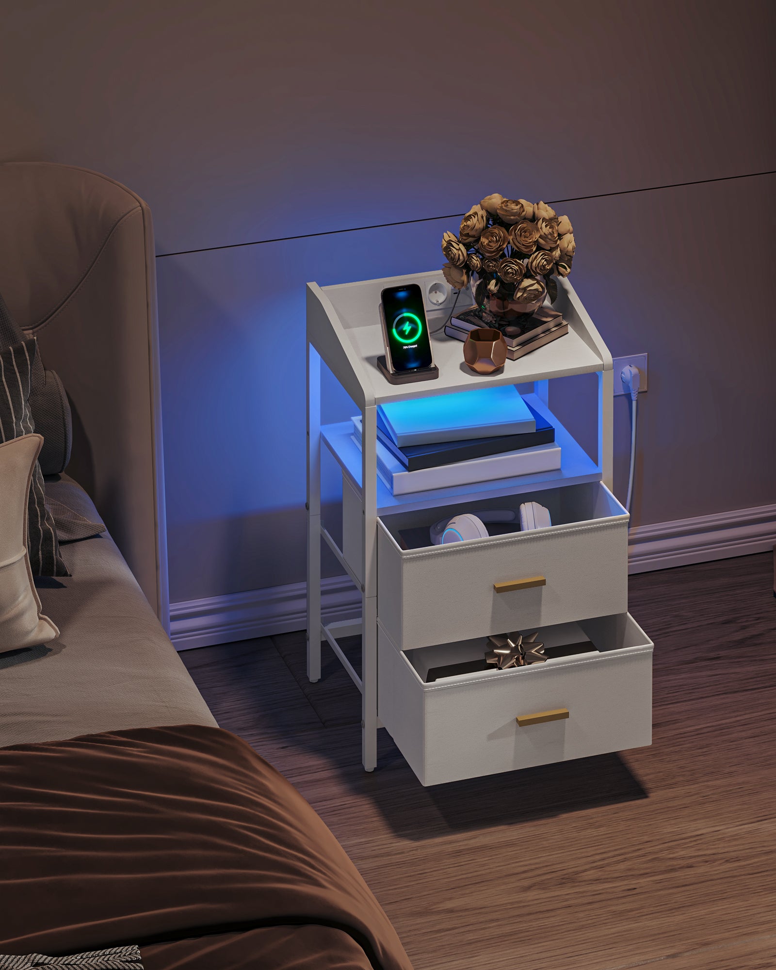 Hzuaneri Bedside Table Set of 2 with LED Lights & Charging Station, USB Ports & Outlets, White