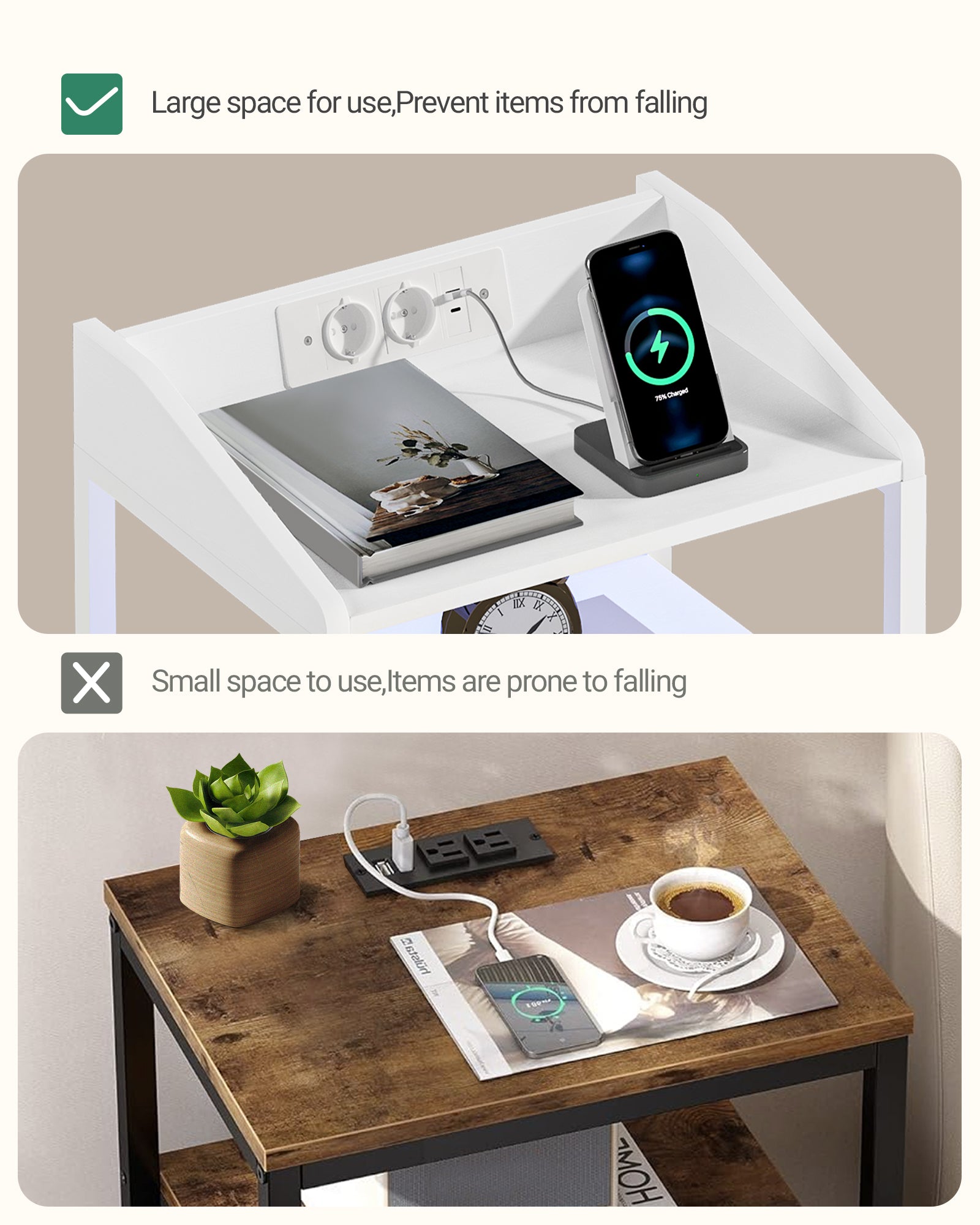 Hzuaneri Bedside Table Set of 2 with LED Lights & Charging Station, USB Ports & Outlets, White