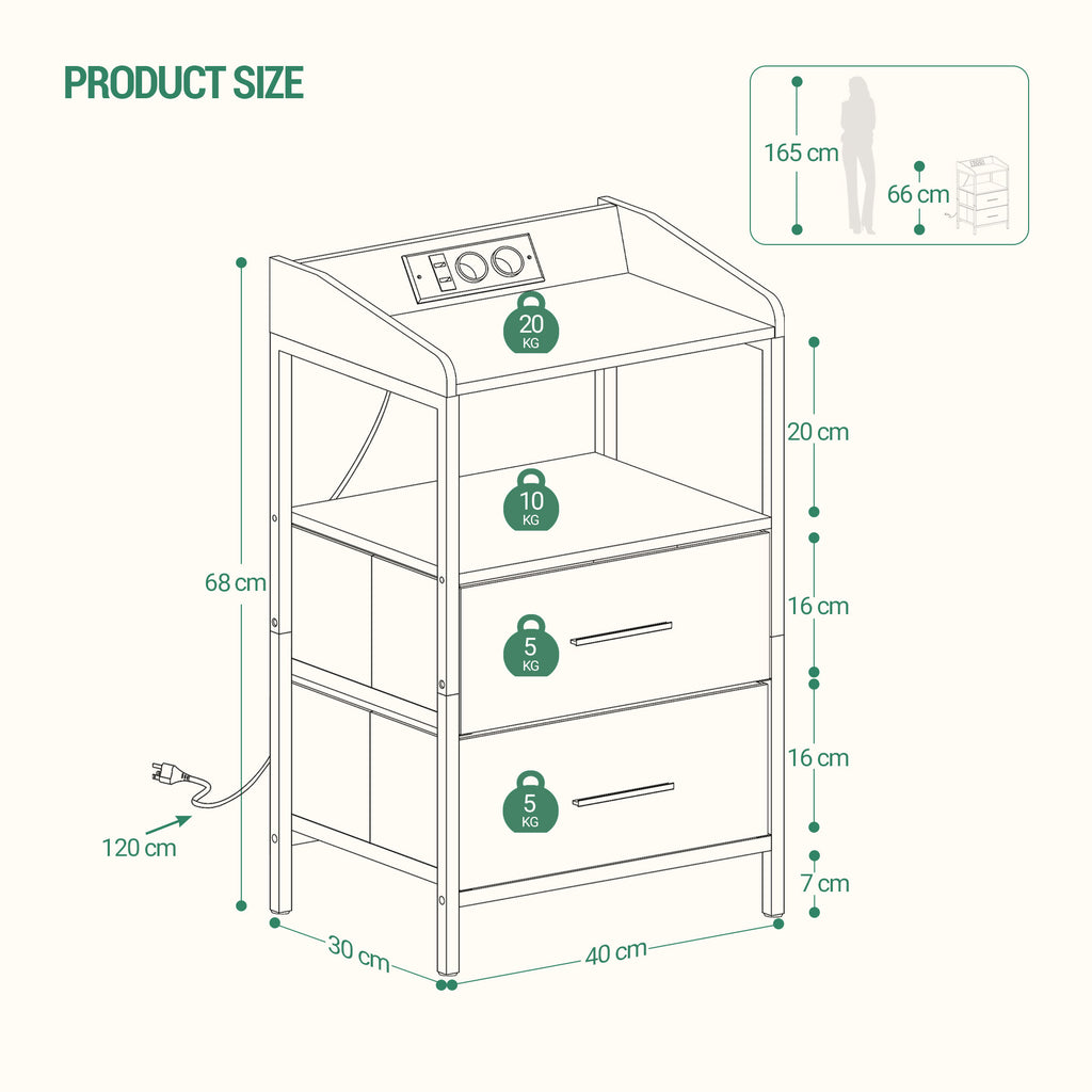 Hzuaneri Bedside Table Set of 2 with LED Lights & Charging Station, USB Ports & Outlets, White