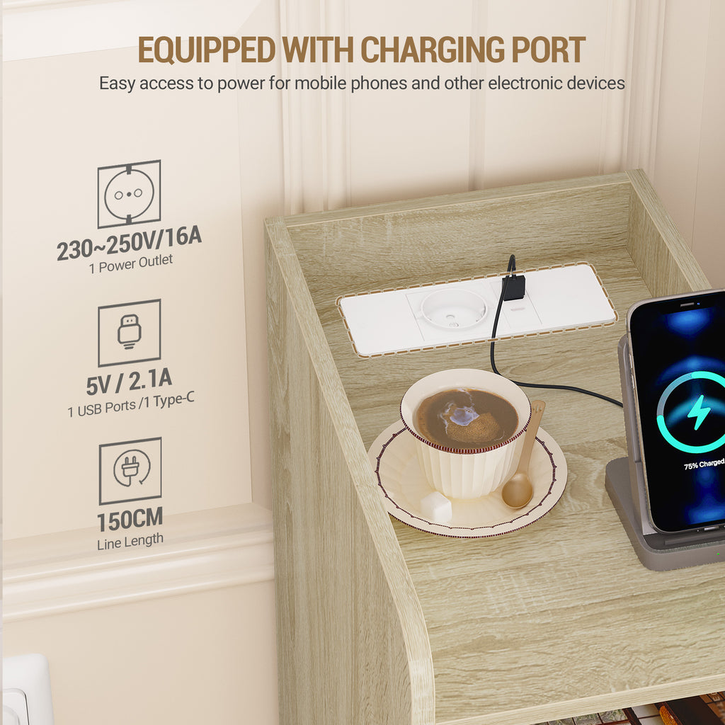 Hzuaneri Slim Bedside Table with Charging Function With USB & Type C Connections, Bedside Tables with 3 Tier Storage Space, 1 Drawer, for Bedroom, Living Room, Oak NS36416X
