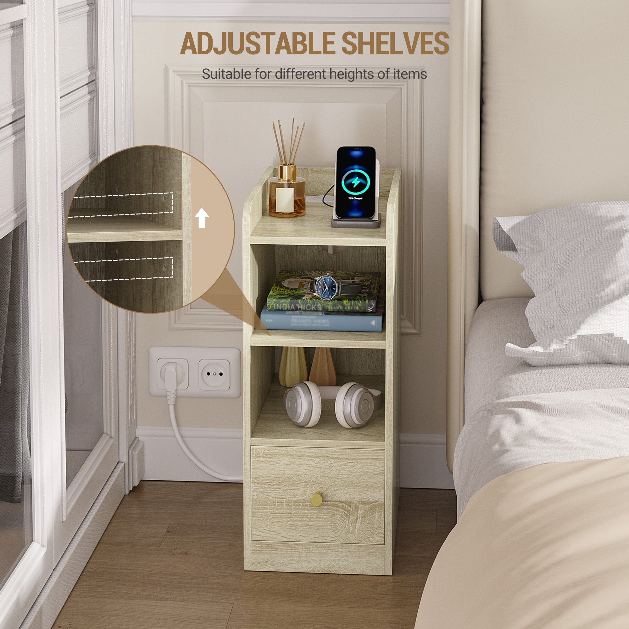 Hzuaneri Slim Bedside Table with Charging Function With USB & Type C Connections, Bedside Tables with 3 Tier Storage Space, 1 Drawer, for Bedroom, Living Room, Oak NS36416X