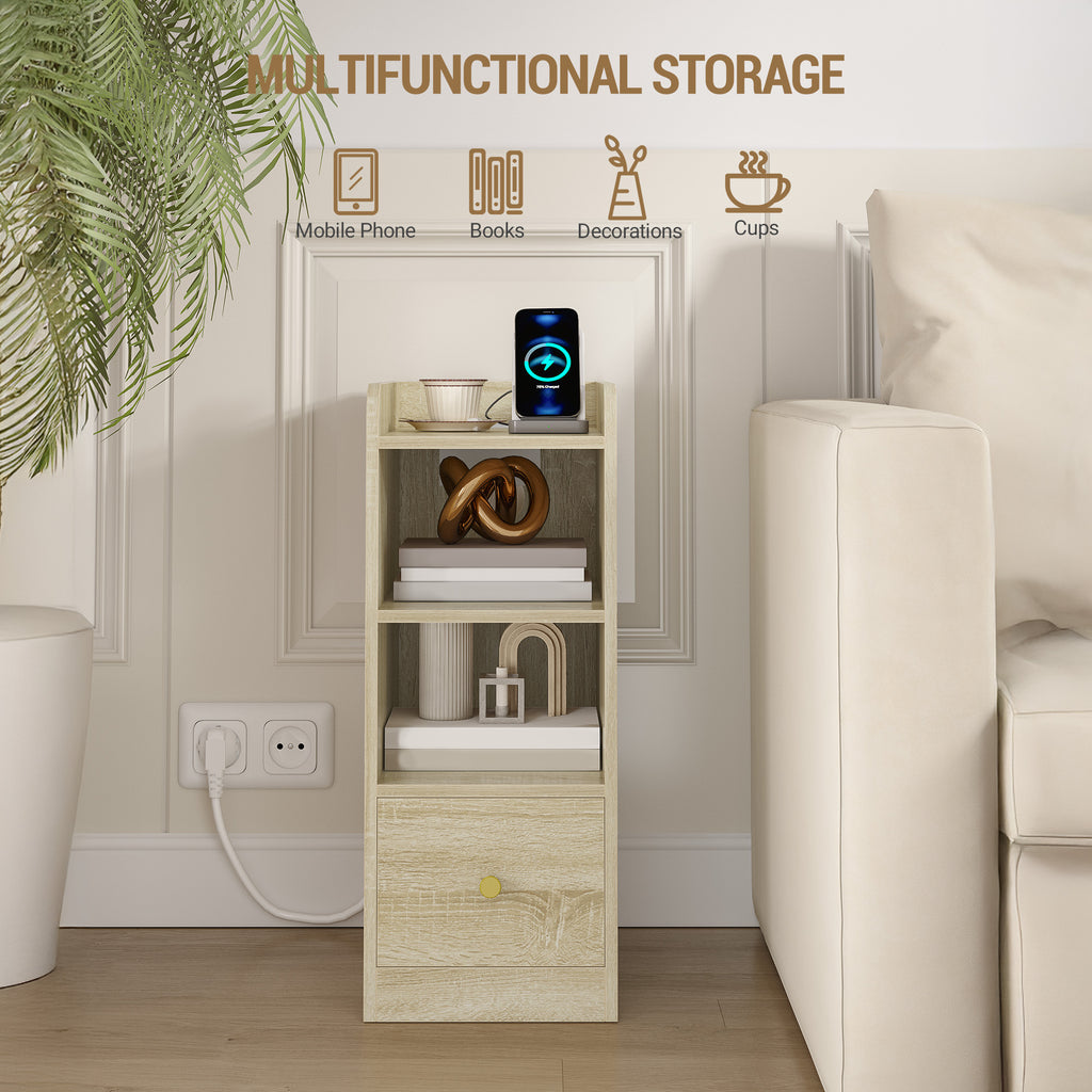 Hzuaneri Slim Bedside Table with Charging Function With USB & Type C Connections, Bedside Tables with 3 Tier Storage Space, 1 Drawer, for Bedroom, Living Room, Oak NS36416X
