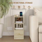 Hzuaneri Slim Bedside Table with Charging Function With USB & Type C Connections, Bedside Tables with 3 Tier Storage Space, 1 Drawer, for Bedroom, Living Room, Oak NS36416X