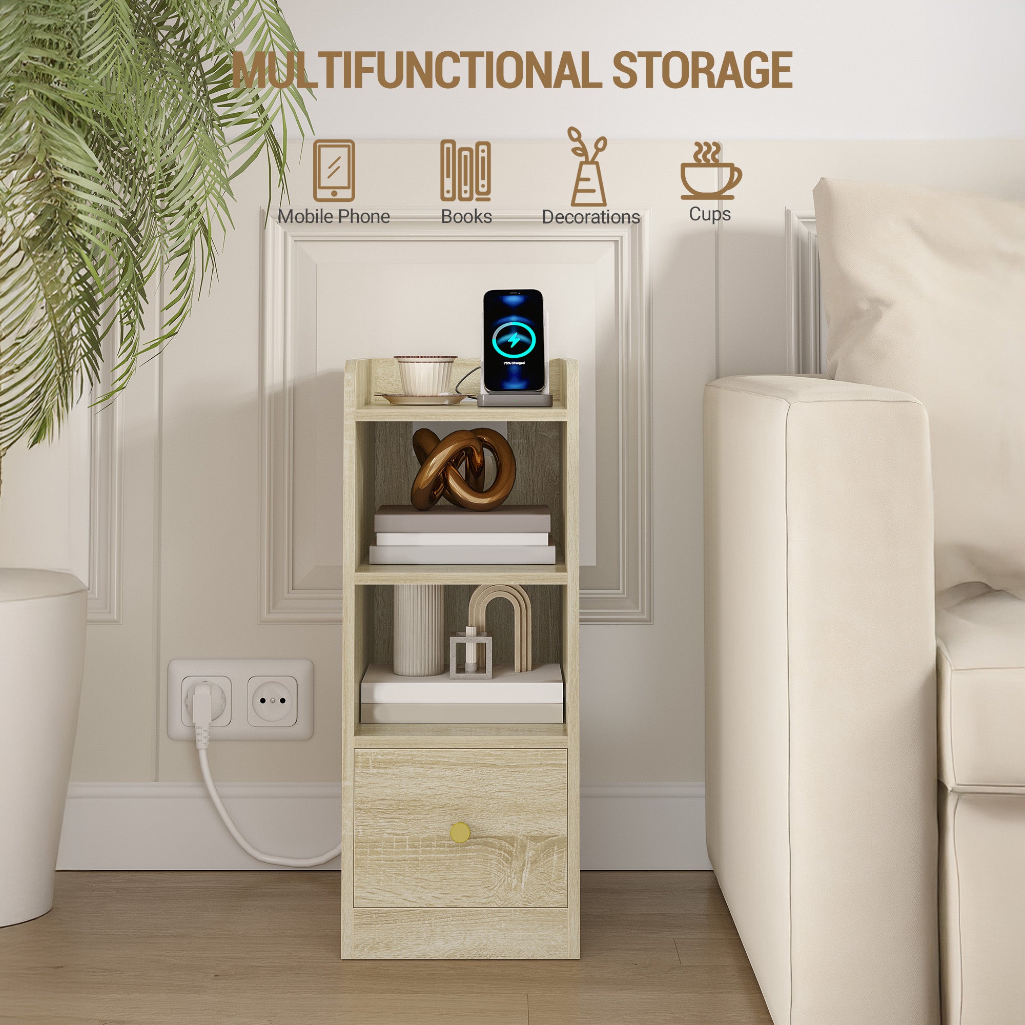 Hzuaneri Slim Bedside Table with Charging Function With USB & Type C Connections, Bedside Tables with 3 Tier Storage Space, 1 Drawer, for Bedroom, Living Room, Oak NS36416X