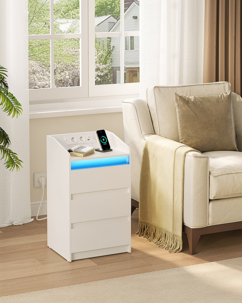 Hzuaneri Nightstand with Charging Station & LED, 3 Drawers, 2 AC Outlets & 2 USB Ports, White