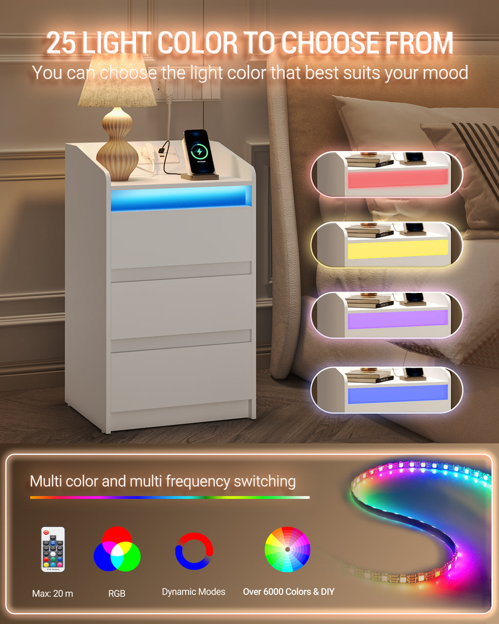Hzuaneri Nightstand with Charging Station & LED, 3 Drawers, 2 AC Outlets & 2 USB Ports, White