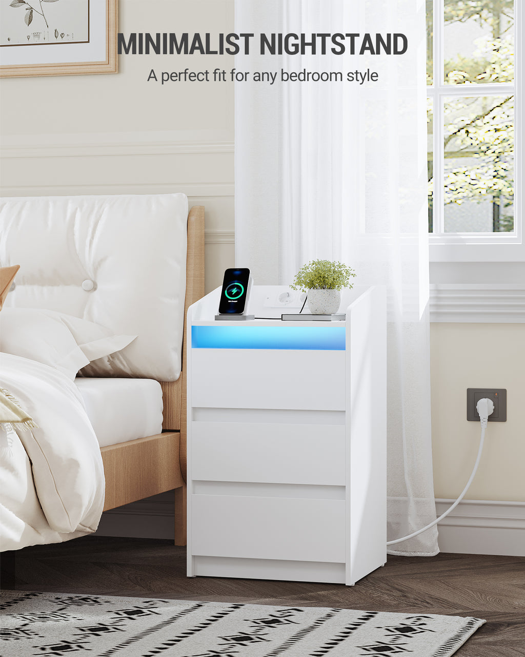 Hzuaneri Nightstand with Charging Station & LED, 3 Drawers, 2 AC Outlets & 2 USB Ports, White