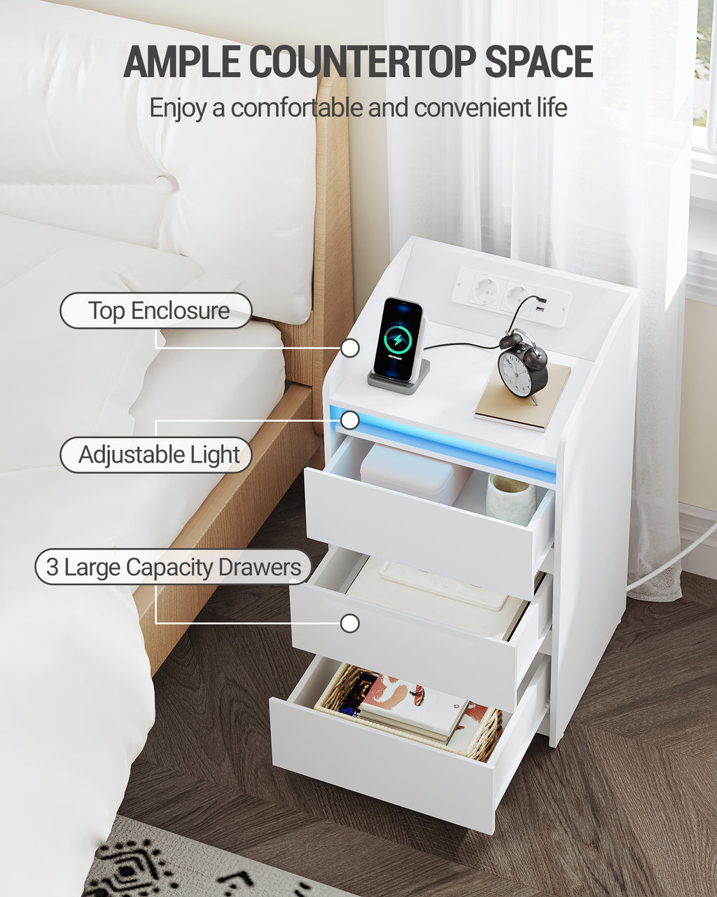 Hzuaneri Nightstand with Charging Station & LED, 3 Drawers, 2 AC Outlets & 2 USB Ports, White