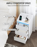 Hzuaneri Nightstand with Charging Station & LED, 3 Drawers, 2 AC Outlets & 2 USB Ports, White