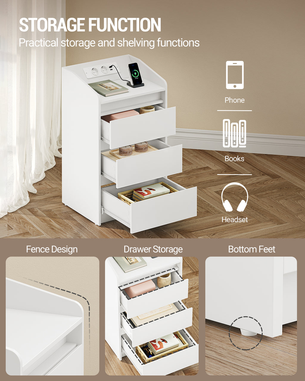 Hzuaneri Nightstand with Charging Station & LED, 3 Drawers, 2 AC Outlets & 2 USB Ports, White