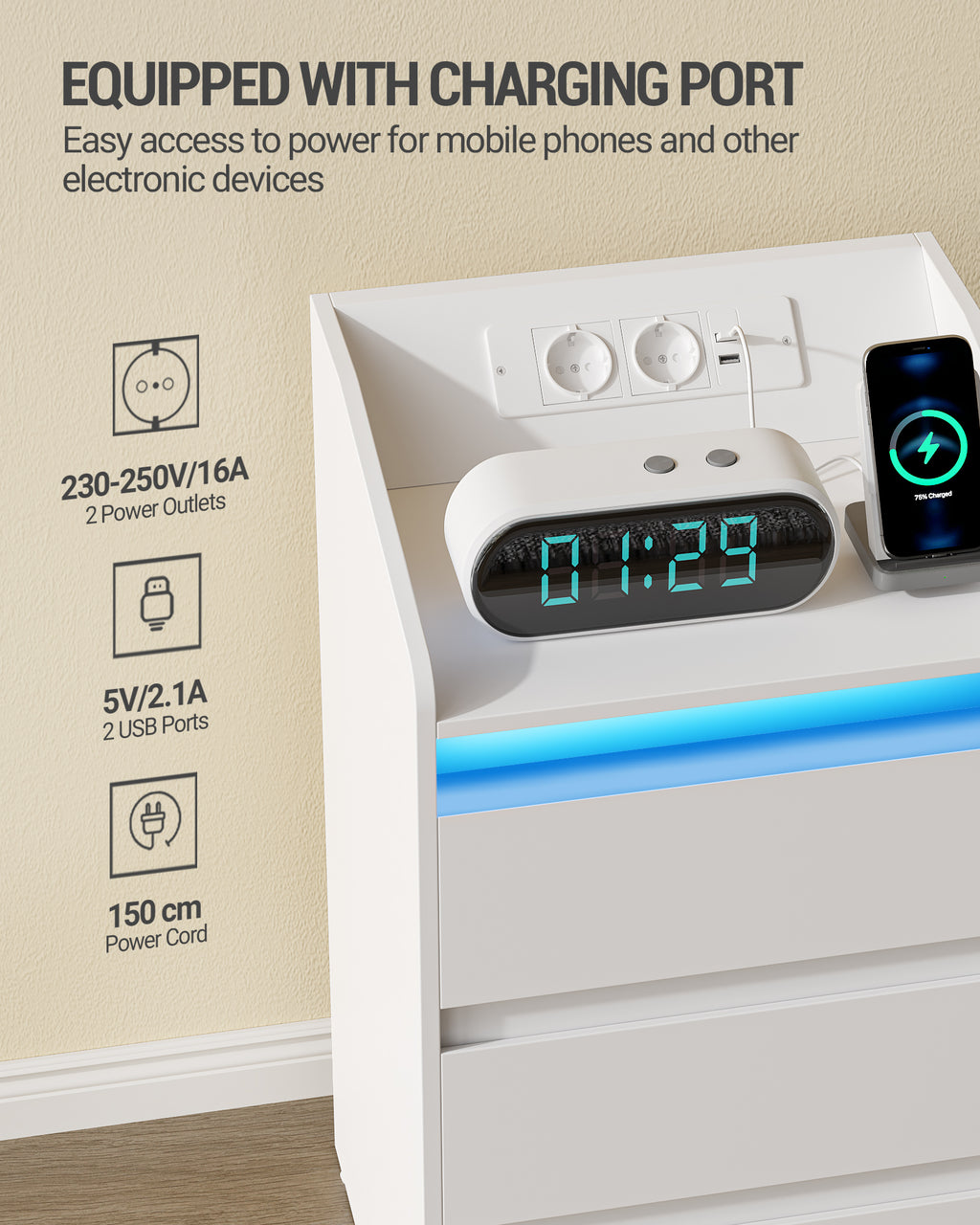 Hzuaneri Nightstand with Charging Station & LED, 3 Drawers, 2 AC Outlets & 2 USB Ports, White